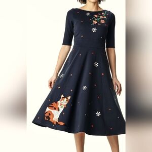 WAYWARD FANCIES Cat And Floral Vine Embroidered Cotton Jersey Dress